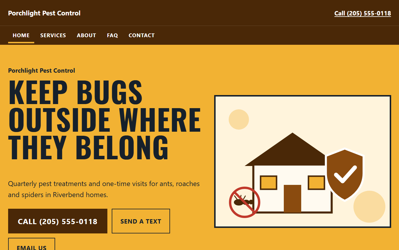Home page of the Porchlight Pest Control demo in the Bold design