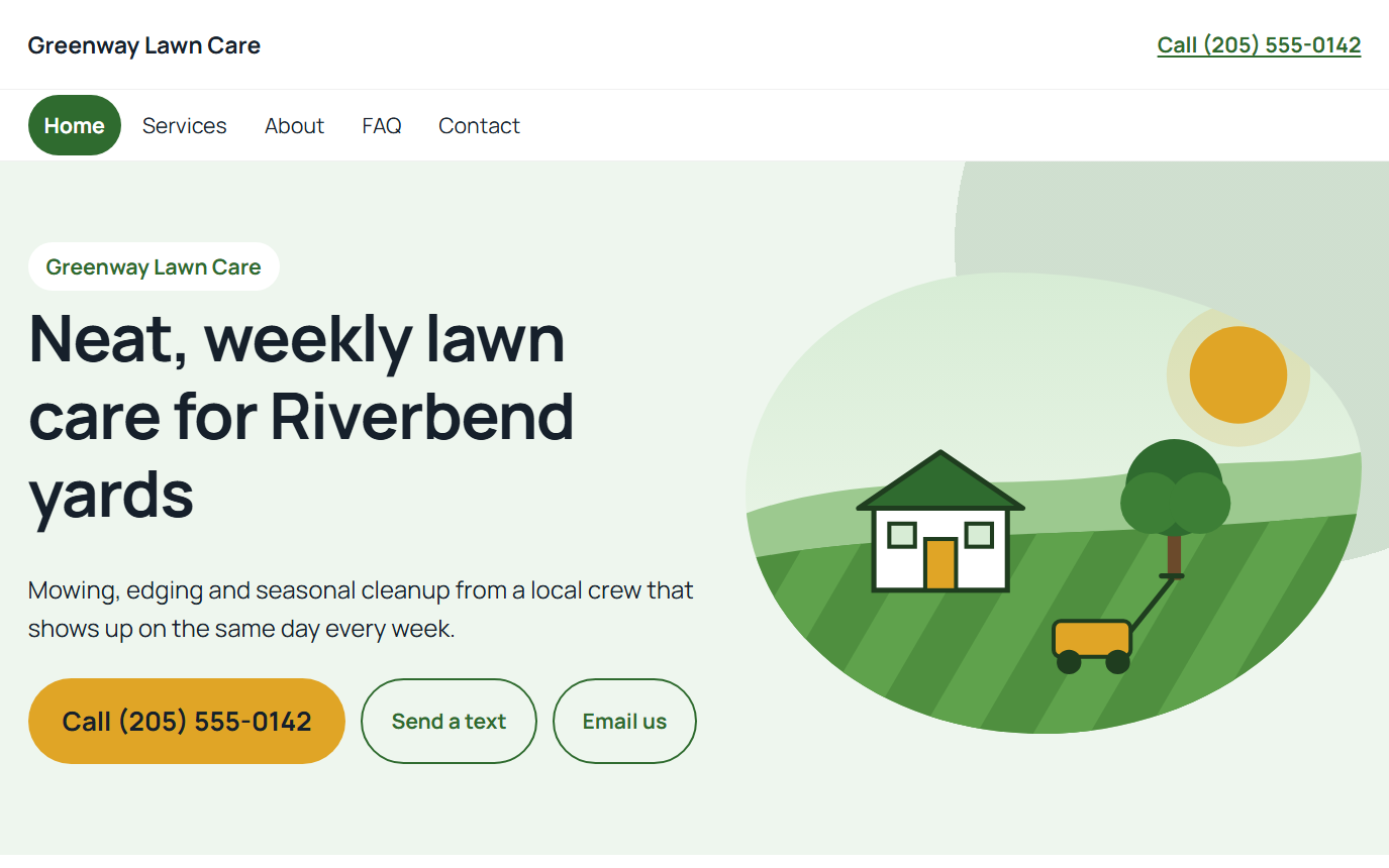 Home page of the Greenway Lawn Care demo in the Fresh design