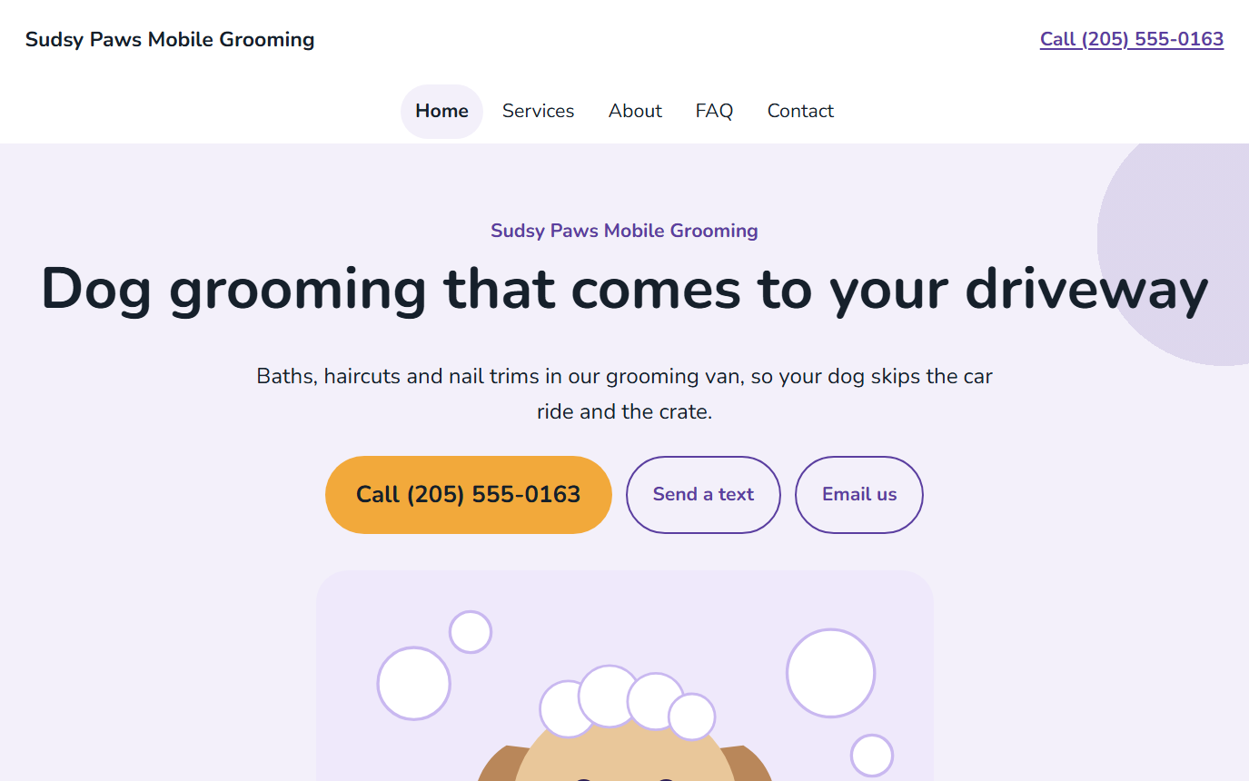 Home page of the Sudsy Paws Mobile Grooming demo in the Friendly design