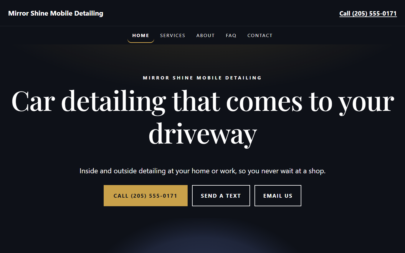 Home page of the Mirror Shine Mobile Detailing demo in the Luxe design