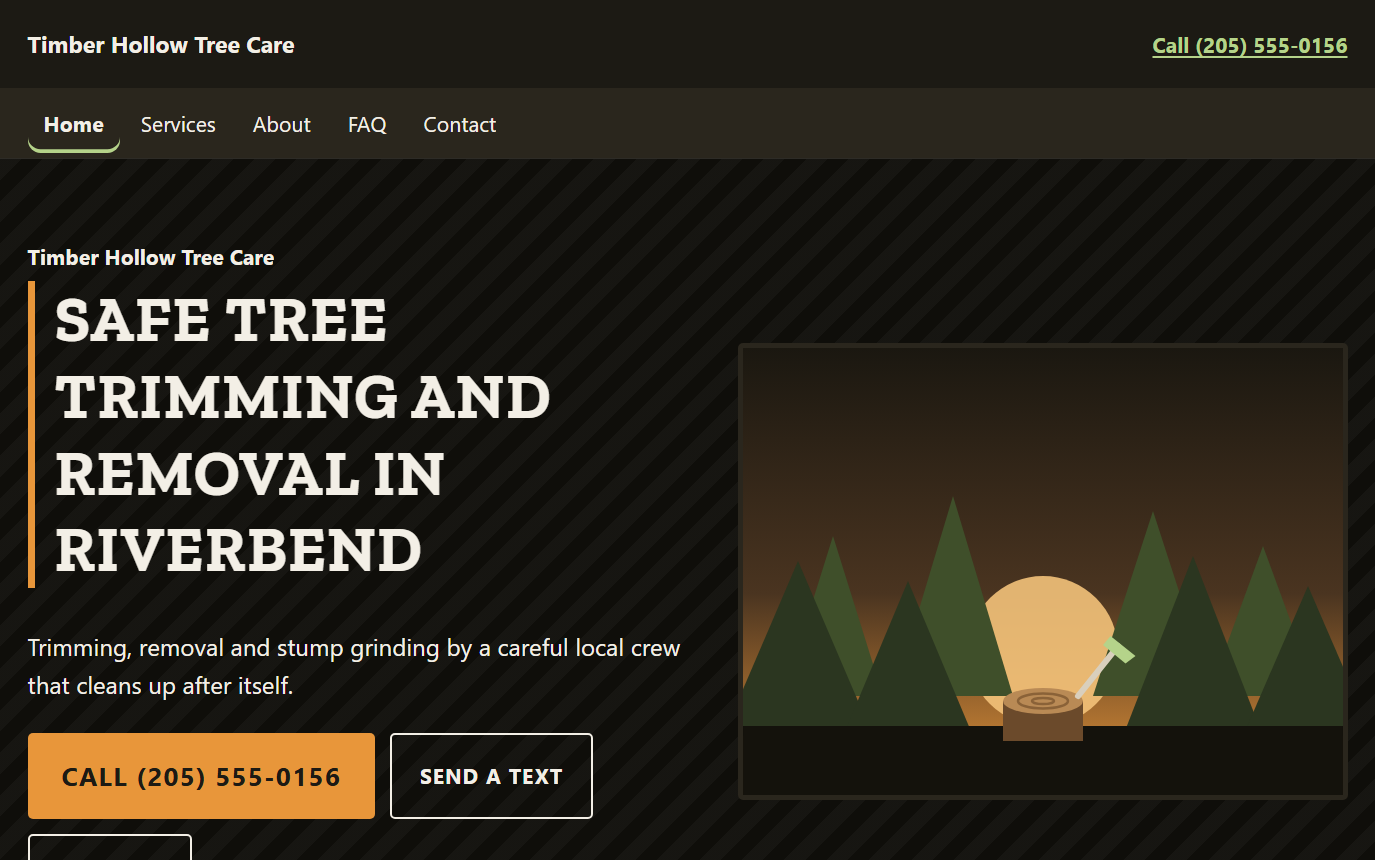 Home page of the Timber Hollow Tree Care demo in the Rugged design