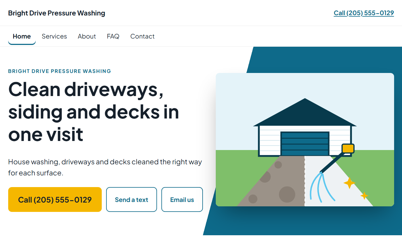 Home page of the Bright Drive Pressure Washing demo in the Split design